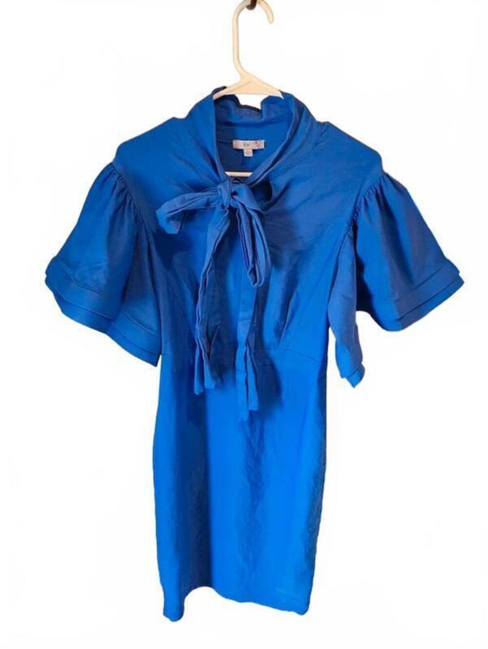 Eien USA Women’s Large Royal Blue Tie Neck Flutter Sleeve Midi Dress